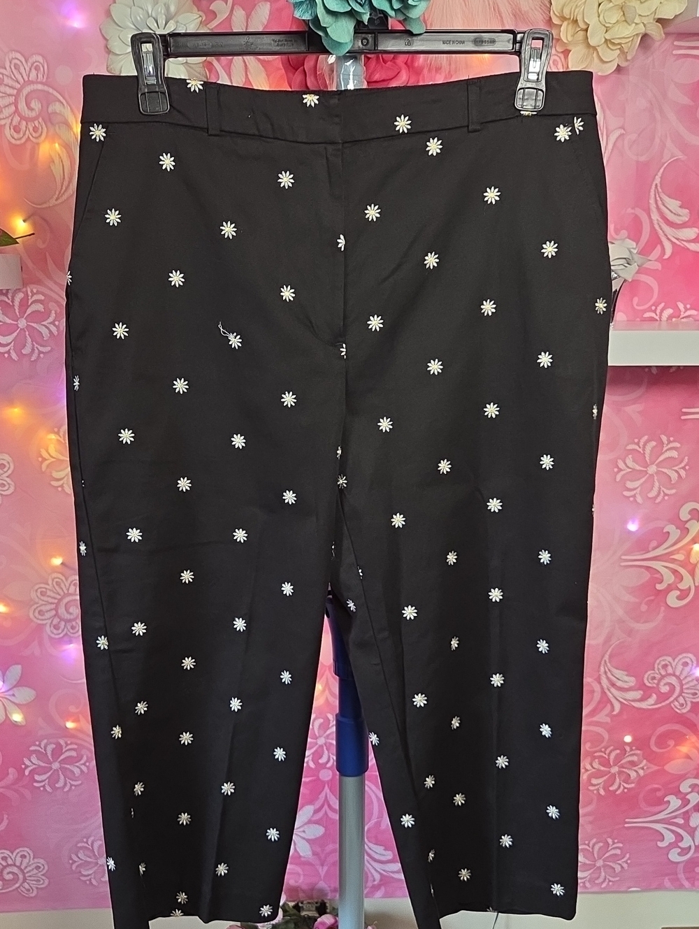 JM Collection Black Chinos with White Daisy Embroidery